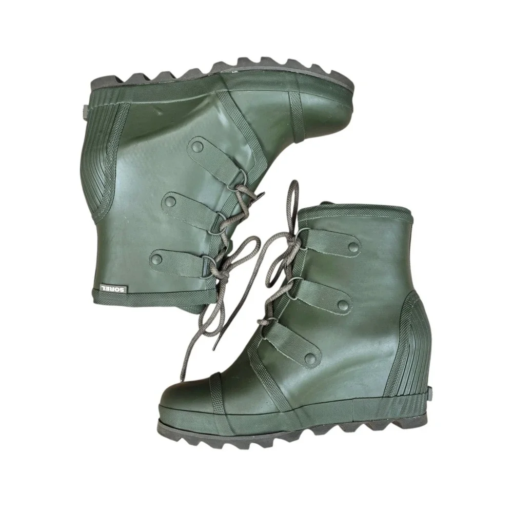 Sorel Joan Rain Wedge Boots Nori Green Olive Size 11 NL2442-383 Rare Excellent